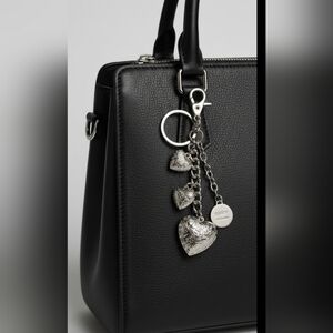 KATHY VAN ZEELAND Heart Silver Tone Metal Puffy Heart Charm Keychain Key Ring 6"